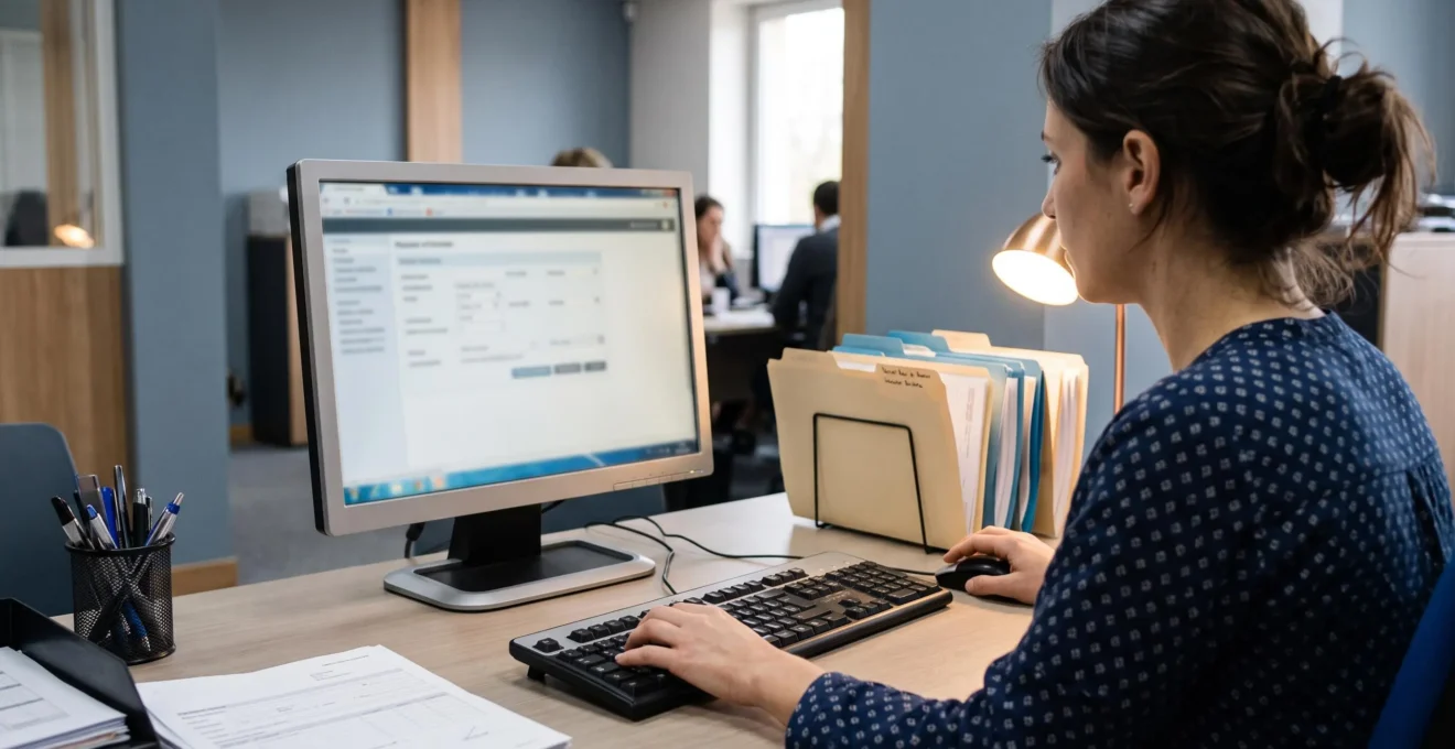 Une assistante RH utilise un logiciel de paie sur son ordinateur, des dossiers du personnel posés à côté du clavier.