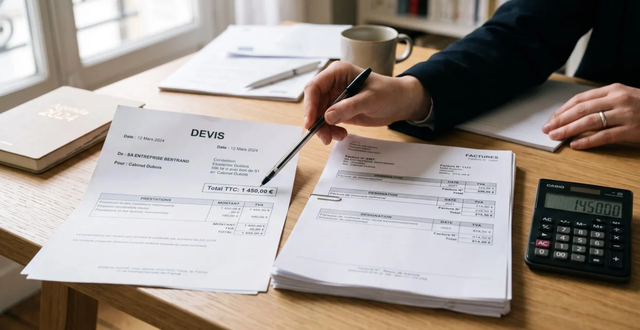 Une main compare avec un stylo deux devis imprimés posés côte à côte sur un bureau, un calculateur à proximité.