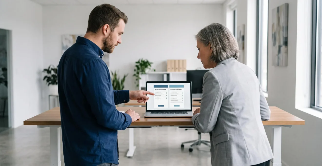 Une conseillère ou un conseiller et une dirigeante comparent deux solutions de facturation sur un ordinateur portable dans un bureau moderne.