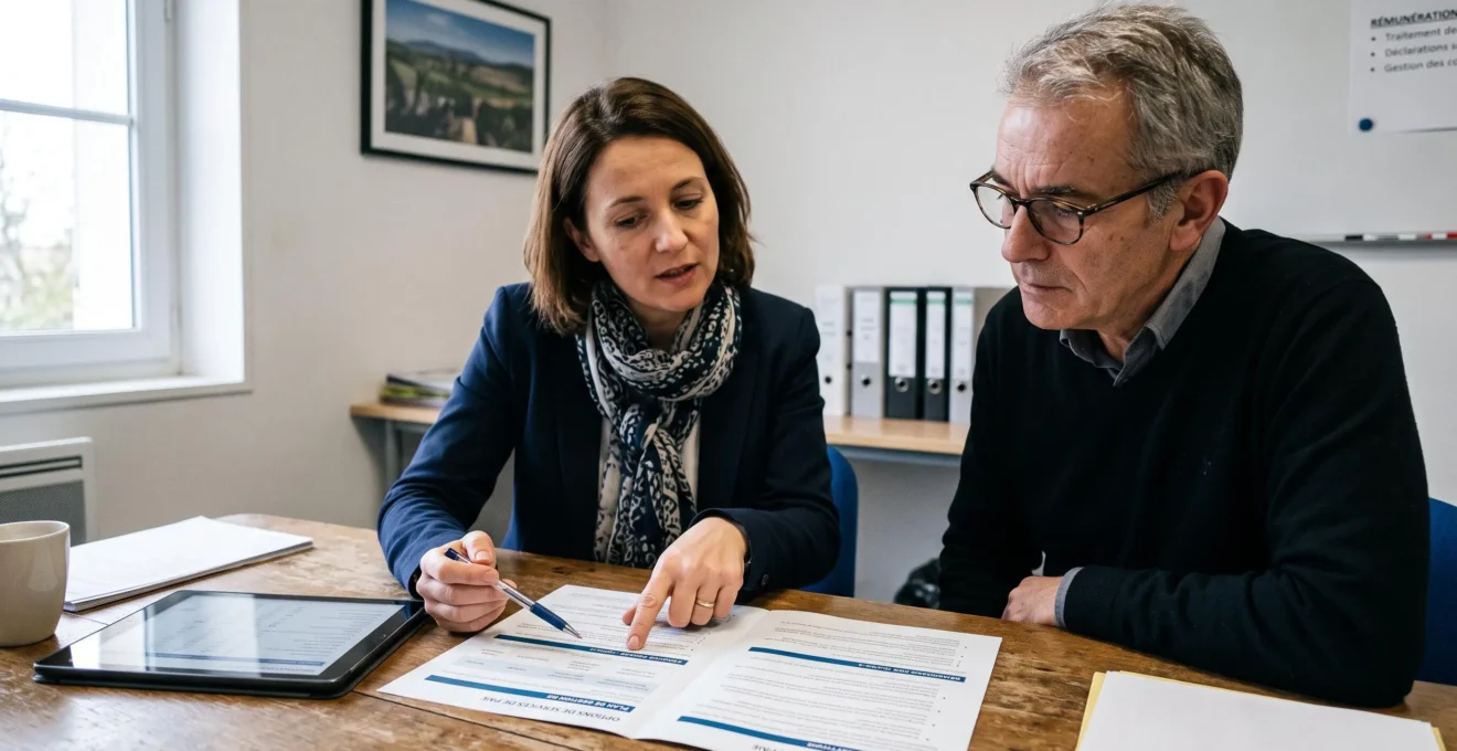 Un consultant en services de paie et un dirigeant de PME examinent ensemble des documents de service à une table de réunion.