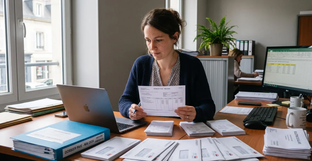 Une gestionnaire de paie vérifie un bulletin de salaire imprimé à côté de son écran, dans un bureau de PME lumineux.