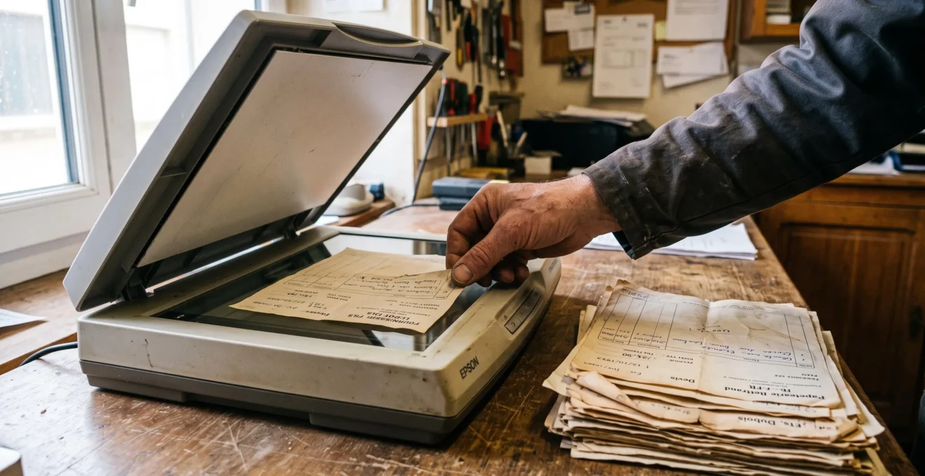 Une main dépose une facture papier sur la vitre d'un scanner posé sur un bureau en bois d'atelier.